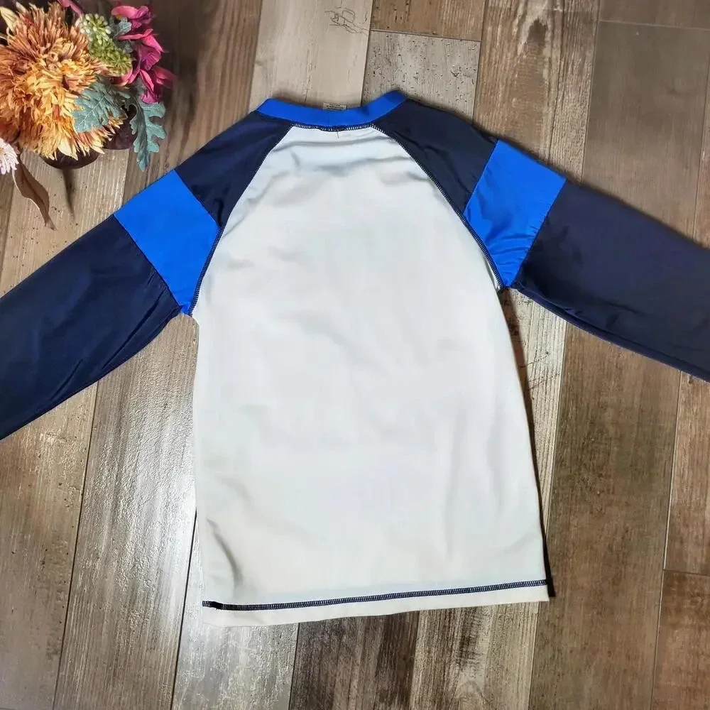 Gymboree Boys Size Large 10-12 White & Blue Shark Long Sleeve Rashguard UPF 50+